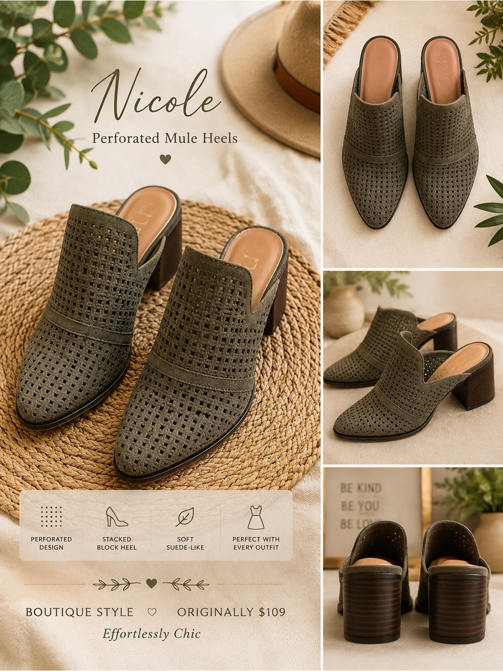 Nicole Olive Perforated Suede-Look Mule Heels